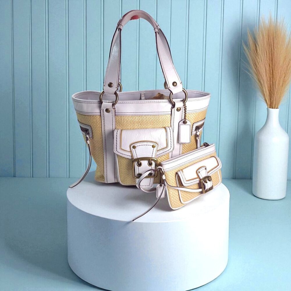 Vintage COACH Legacy Straw Shoulder Bag with wallet